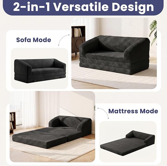 JUIKURY Convertible Sofa Bed, 3-in-1 Foldable Loveseat Couch with Armrest, Corduroy Floor Sofa & Sleeper Bed, No Assembly High-Density Foam Futon Mattress for Living Room, Small Apartment, Dorm