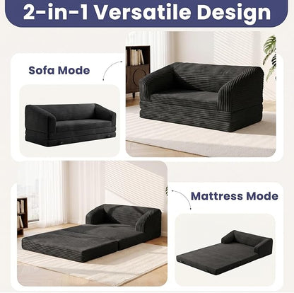 JUIKURY Convertible Sofa Bed, 3-in-1 Foldable Loveseat Couch with Armrest, Corduroy Floor Sofa & Sleeper Bed, No Assembly High-Density Foam Futon Mattress for Living Room, Small Apartment, Dorm
