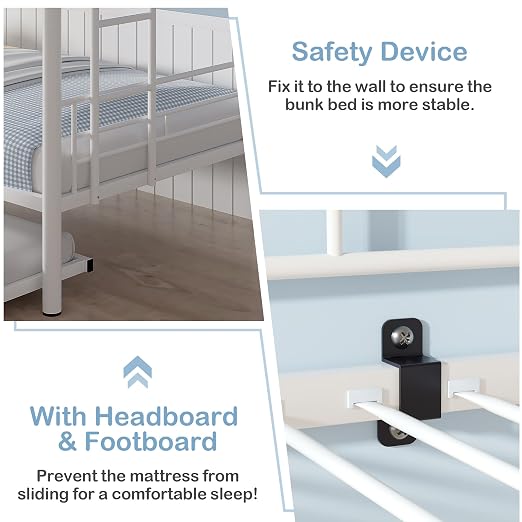 VECELO Twin Over Twin Bunk Bed with Trundle, Off White | Metal Bunkbeds, 2 Side Ladders, Full-Length Guardrail, Noise Free, No Box Spring Needed
