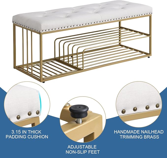 Linen Bench with Storage-Entryway Shoe Storage with Tufted Padded Seat,Gold Mental Frame Ottoman Bench for Bedroom Entry Window Mudroom Living Room,Beige