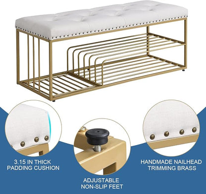 Linen Bench with Storage-Entryway Shoe Storage with Tufted Padded Seat,Gold Mental Frame Ottoman Bench for Bedroom Entry Window Mudroom Living Room,Beige