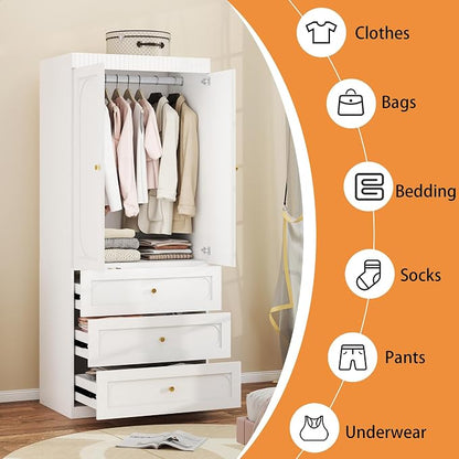 Wooden Wardrobe Closet with Doors: 75" Tall White Armoire Wardrobe Closet with 3 Drawers and 2 Doors, Modern Clothes Cabinets for Bedroom Armoires with Hanging Rod (3-Drawers, 31.5")