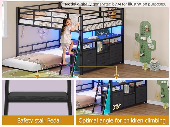 busyaeh Bunk Bed Full Over Twin,Low Bunk Bed with 8 Drawer & 4 shelve,Black | bunk bed with Desk, 15" H Safety Guardrail & LED Lights and Charging Station,L-Shaped Bunk Beds with Stairs,toddler bunk bed