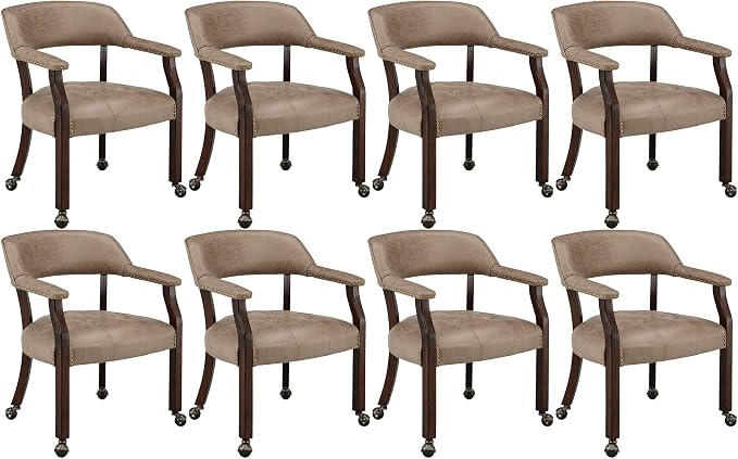 LEEMTORIG Set of 8 Dining Chairs with Casters and Arms, Rolling Dining Chairs with Wheels for Elderly, Ergonomic Wide Seat Wood Office Chair, 26" Dx25.2 W, Espresso Legs&Yellow Brown Fabric SY-318-LT