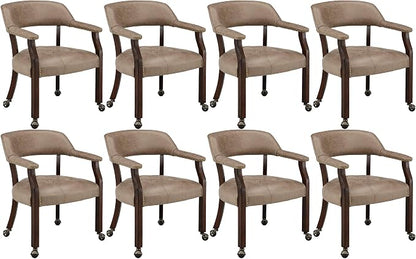 LEEMTORIG Set of 8 Dining Chairs with Casters and Arms, Rolling Dining Chairs with Wheels for Elderly, Ergonomic Wide Seat Wood Office Chair, 26" Dx25.2 W, Espresso Legs&Yellow Brown Fabric SY-318-LT