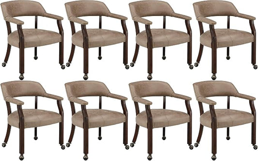 LEEMTORIG Set of 8 Dining Chairs with Casters and Arms, Rolling Dining Chairs with Wheels for Elderly, Ergonomic Wide Seat Wood Office Chair, 26" Dx25.2 W, Espresso Legs&Yellow Brown Fabric SY-318-LT