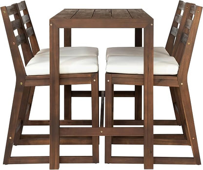 Quarte 5-Piece Acacia Wood Patio Bar Set, Rustic Outdoor Dining Table & Chairs, All-Weather Solid Wood Slatted Tabletop, Space-Saving for Garden, Patio, or Balcony (Mocha-5)