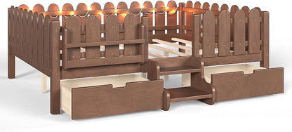 Bellemave Queen Kids Montessori Bed with Stairs, Bookshelf and LED Lights, Solid Wood Kids Bed Frame with Storage Drawers for Boys Girls, Low Profile,Deep Natural