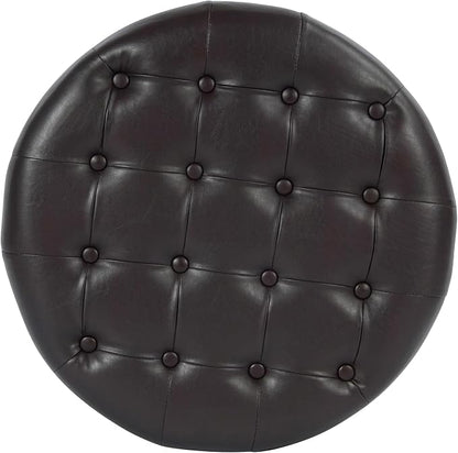 HomePop 25" Button Tufted Round Storage Ottoman - Distressed Brown Faux Leather