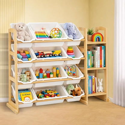 Toy Storage Organizer with 12 Bins & 3-Tier Bookshelf - White | 12 Removable Bins Keep Toys Sorted; 3-Tier Kids Bookshelf Creates Easy-Access Storage for Kids Rooms and Playrooms