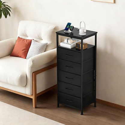 Sweetcrispy Nightstand with Charging Station, Dimmable LED Light Strip, 5 Fabric Storage Drawers, USB-C & AC Outlets, Sturdy Adjustable Feet, Modern Multifunctional Bedside Table, Black