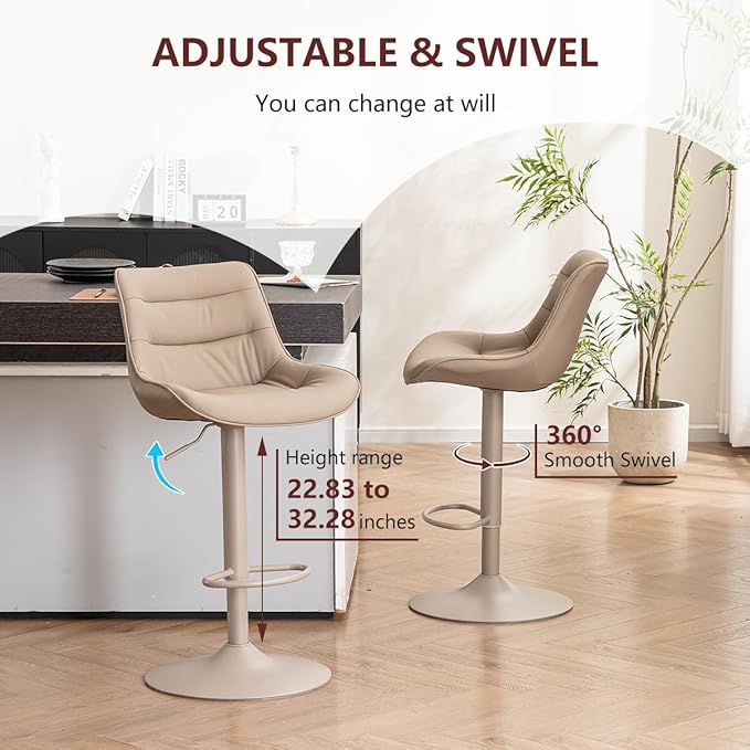 Kidol & Shellder Adjustable Bar Stools Set of 2, Faux Leather Counter Height Bar Stools with Back, Modern Mid Century Upholstered Barstools for Kitchen Island Khaki
