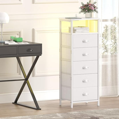 sthmec Nightstand with Charging Station,LED White Nightstands with 5 Fabric Drawers PU Finish, Bedside End Tables, 2-Tier Open Storage Shelf Side Table Nightstand with Drawers for Bedroom,White