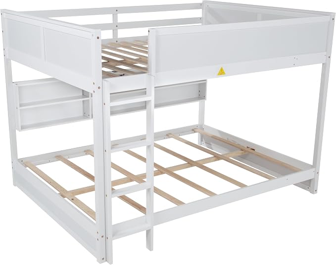 RUNNA Queen Over Queen Bunk Bed with Storage,Charging Station,White | Queen over queen bunk bed with storage cabinets,USB,solid wood frame,guardrails,no box spring needed,space saving, white