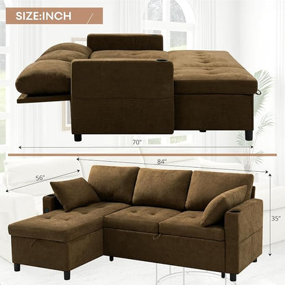 84" L-Shape Reversible Sectional Sofa Bed w/USB Port, Light Brown | Upholstery Sleeper Couch w/Adjustable Backrests & Storage Chaise, Chenille Modern Sofa w/Pull-Out Bed for Living Room