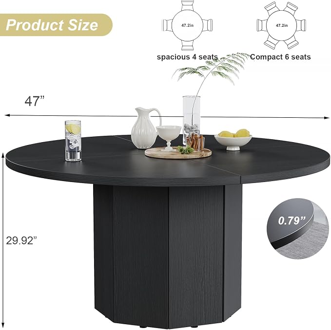 HSH Black Round Dining Table, 47” Modern Dinner Table only for 4-6 People, Modern Circle Kitchen Table for Home Living Room, Wood and Metal Dining Room Desk with Octagon Base, Black Oak, 47 Inch