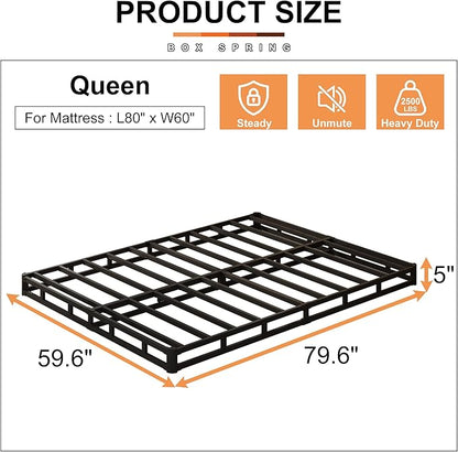 EMODA 5 Inch Box Spring Queen Size Bed Base, Heavy Duty Metal Queen Mattress Foundation with Fabric Cover, Easy Assembly, Black