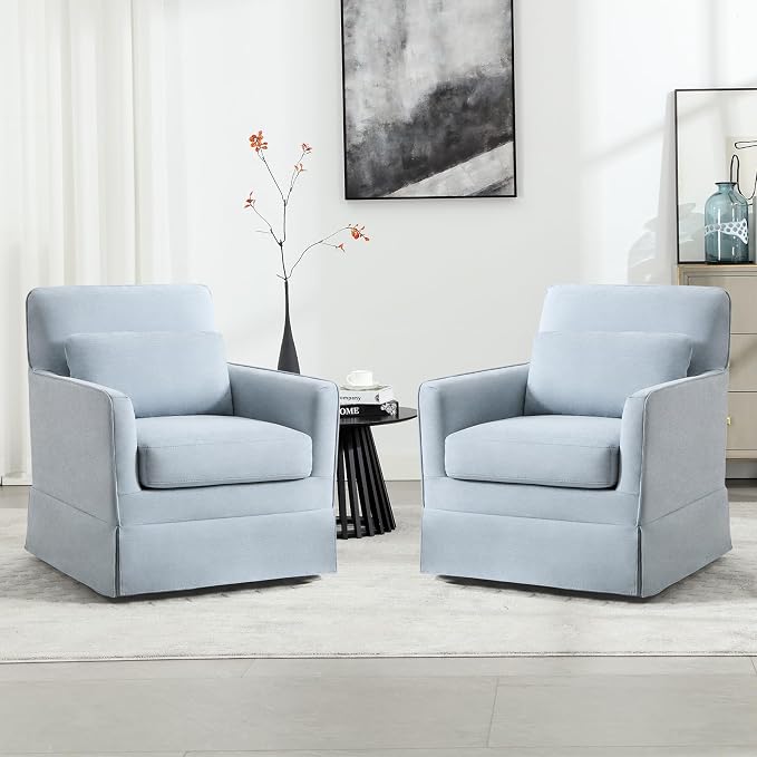 INZOY Swivel Accent Chair Set of 2, Mid Century Modern Chair, Comfy Swivel Barrel Reading Chair, Upholstered Square Chair for Living Room Bedroom Small Spaces, Sky Blue