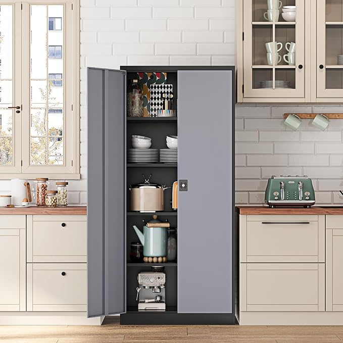 Fesbos 71” Tall Metal Storage Cabinet- Steel File Cabinets with Lockable Doors and Adjustable Shelves-Black&Gray Steel Storage Cabinet for Home,Kitchen, School, Office, Garage