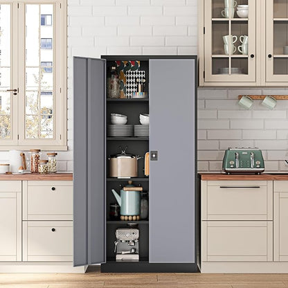Fesbos Metal Storage Cabinet-72” Tall Steel File Cabinets with Lockable Doors and Adjustable Shelves-Black&Gray Steel Storage Cabinet for Kitchen, Office, Garage