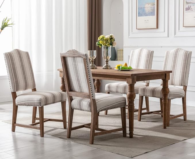 EALSON Farmhouse Dining Chairs Set of 4 Upholstered High Back Padded Parson Chairs with Wood Legs and Nailhead Trim - Linen Brown Stripe