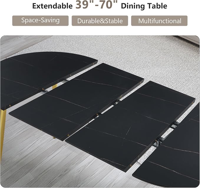 70” Extendable Round Dining Table for 4 6 Modern Oval Dining Room Table Expandable Large Dinner Table for Kitchen Faux Marble Top Gold Metal Leg Black
