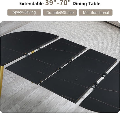 70” Extendable Round Dining Table for 4 6 Modern Oval Dining Room Table Expandable Large Dinner Table for Kitchen Faux Marble Top Gold Metal Leg Black