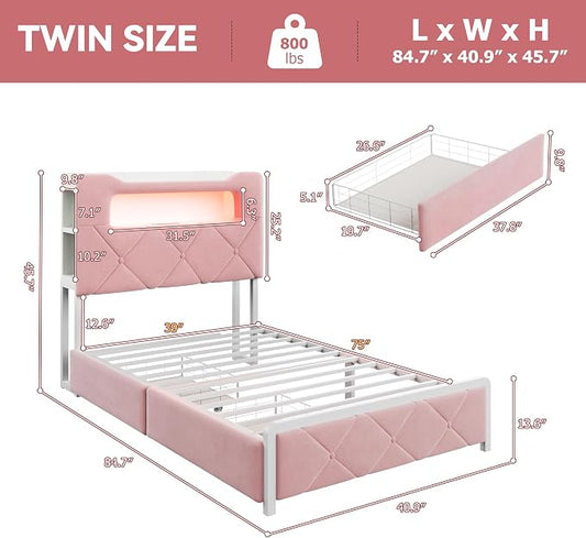 Twin Upholstered LED Bed Frame with 2 Storage Drawers and 2-Tier Storage Bookcase Headboard, Velvet Princess Platform Bed for Kids/Girls/Boys, Corner Bed Frame, Heavy Duty Metal Support, Pink