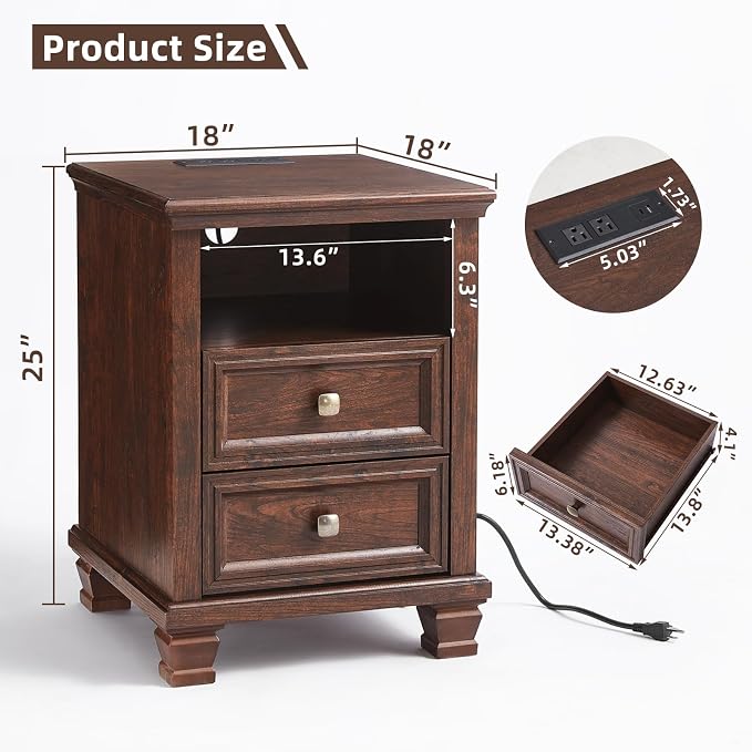 SAVOR LIFE Farmhouse Nightstand Set of 2 with Charging Station, Rustic Brown Nightstand, 2 Drawers End Table, Bedside Table with Open Shelf for Bedroom, Walnut