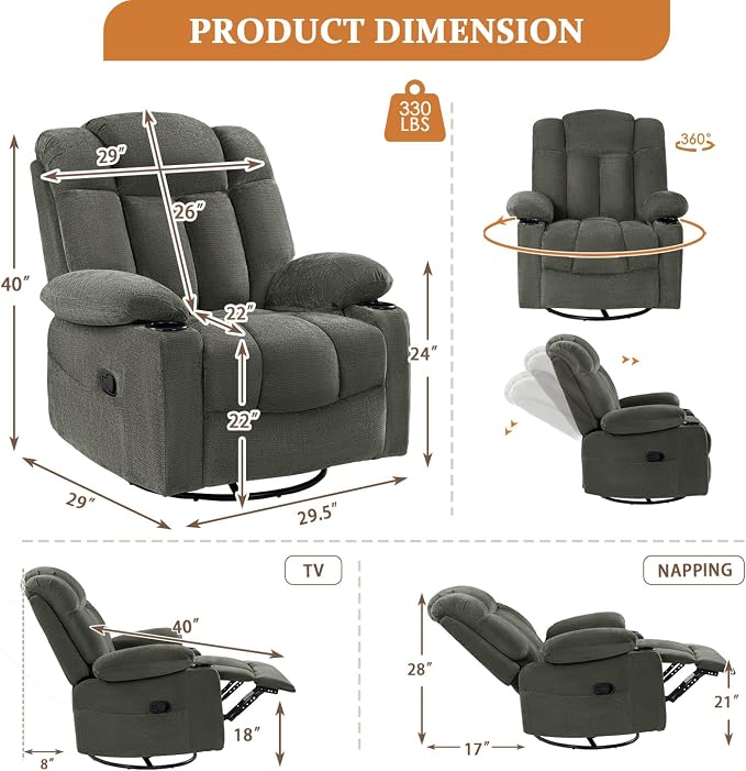 Swivel Rocker Recliner Chair for Adults – Manual Glider Sofa with Massage, Heat & Vibration, 360° Rocking for Living Room (Dark Gray, 30"x30"x40")
