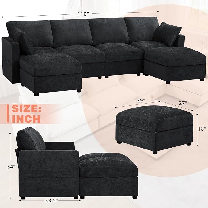 110” Chenille 4-Seats Sofa W/Two Movable Ottomans, Black | Modern Fabric U-Shaped Couch w/Soft Backrests, Upholstered Sectional Sofa w/Arm Pillows for Living Room, Office