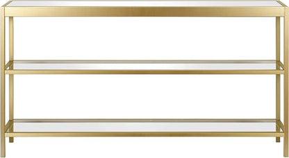 Henn&Hart 55" Wide Rectangular Console Table in Brass, Entryway Table, Accent Table for Living Room, Hallway | Open lower shelves adds practical storage while the glass design keeps spaces feeling bright for living rooms or entryways