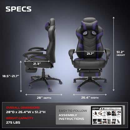 Respawn 110 Pro Ergonomic Gaming Chair with Footrest for Adults - Comfortable Office Gaming Recliner with Lumbar Support and Headrest, Racing Style Video Game Chairs for Computer Gamer - Purple