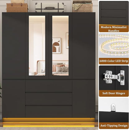 4 Doors Armoire Wooden Wardrobe Closet with 3 Drawers & 2 Mirror, 75"H Clothing Storage Cabinet with Hanging Rod,Modern Bedroom Large Freestanding Armoires with Led Lights for Bedroom, Black