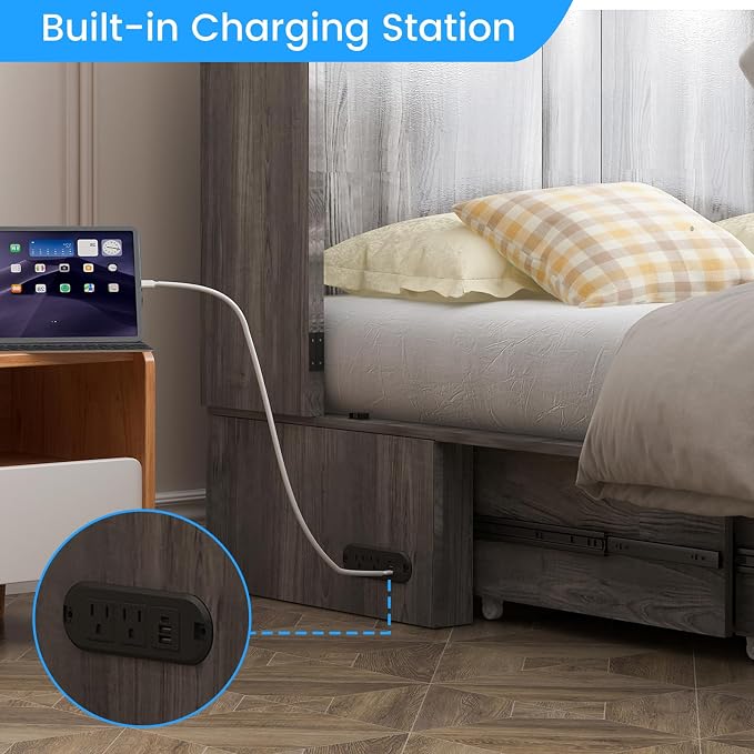 PUREMIND Full Murphy Bed Cabinet with Storage Drawers, Bedroom Cabinet Beds with USB Charging Station, Murphy Chest Bed with Storage Drawers, Horizontal Wallbed for Guest Room