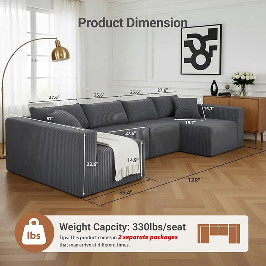 128" U-Shaped Modular Couch, Modern Sectional Couch with Double Chaise, Boneless Couch with Pillows, Deep Seat Sofa for Living Room Bedroom, No Assembly Required, Dark Grey