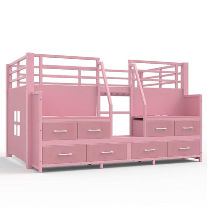 Bellemave Twin Size Low Loft Bed with 8 Fabric Storage Drawers,Metal Loft Bed Frame with Shelves and LED Lights for Boys Girls,Kids Loft Bed Twin Size,Pink