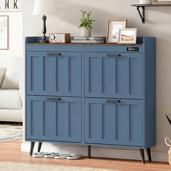 ChooChoo Shoe Storage Cabinet with 4 Flip Drawers, Deodorizing Shoe Organizer Storage for Entryway, Freestanding Hidden Slim Narrow Shoe Rack Cabinet, Blue