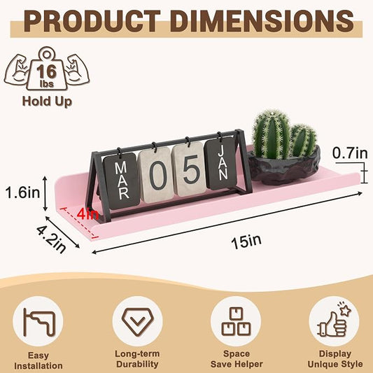 Qukaka Floating Shelves for Wall Decor, 15" Wall Shelves for Bedroom, Living Room, Kitchen, Bathroom Decor, Nail Polish/Book/Decoration/Makeup/Perfume Organizer Floating Shelf-3Pack Pink