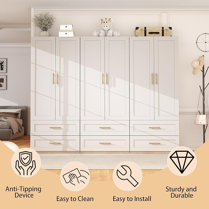 White Wardrobe with 2 Doors: 75" Tall Armoire Wardrobe Closet with 2 Drawers, Bedroom Closet Cabinet for Hanging Clothes, Wooden Storage Armoire with Shelves (Contemporary, 3)