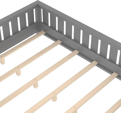 Bellemave Gray Natural Montessori Floor Bed with Fence and Slats, Queen Size Montessori Floor Bed with Bookcase and High Rails, Easy Assemble Bed Frame for Girls, Boys, Queen