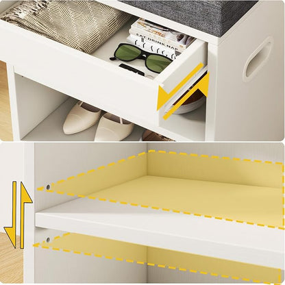 YMYNY Small Shoe Storage Bench with Cushion and Drawer, 2 Tier Adjustable Entryway Bench with Storage, Wooden Shoe Rack Bench for Entryway, Living Room, Hallway, Closet, Bedroom, White, HSC002W