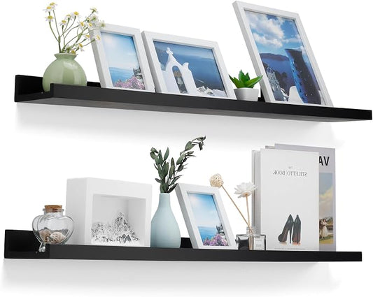 MBYD 36 Inch Floating Shelves Black, Wooden Picture Ledge Photo Shelf for Wall with Lip Set of 2, Wall Mount Display Nursery Shelf for Books, Vinyl Records, Bedroom Living Room Bathroom Kitchen Decor
