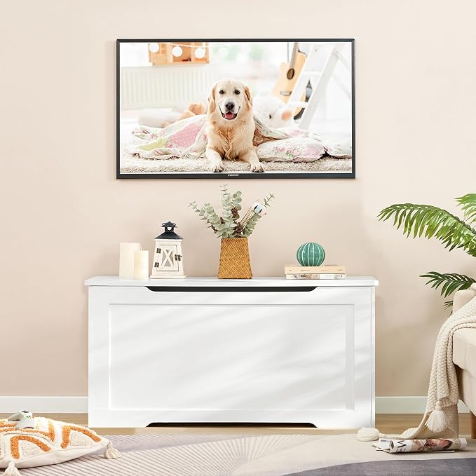 usikey 39.4” Toy Chest, Toy Box for Living Room, Storage Chest with 2 Safety Hinges, Lift Top Storage Bench, Storage Trunk, for Bedroom, Entryway, White