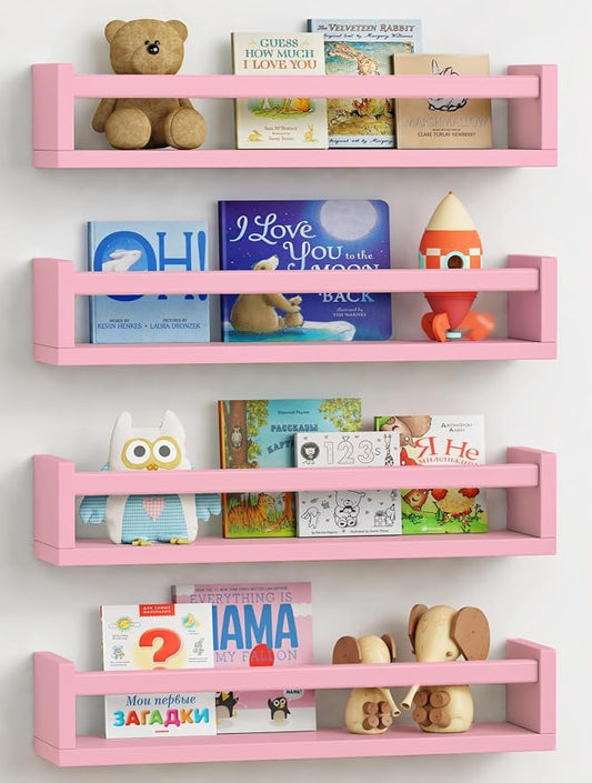 Forbena Pink Nursery Floating Shelves for Wall, Small Kids Wall Bookshelf for Baby Toddler Girls Room, Wood Nursery Hanging Book Shelves for Childrens Bedroom Toys Storage Organizer (Set of 4, Pink)