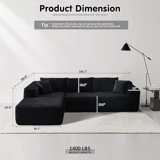 ovios 104" Cloud Boneless Couch with L-Shape Chaise,Modern Sectional Modular Sofa with Deep Seat, Upholstered Couches for Living Room Bedroom,No Assembly Required, Black (Plush Corduroy Fabric)