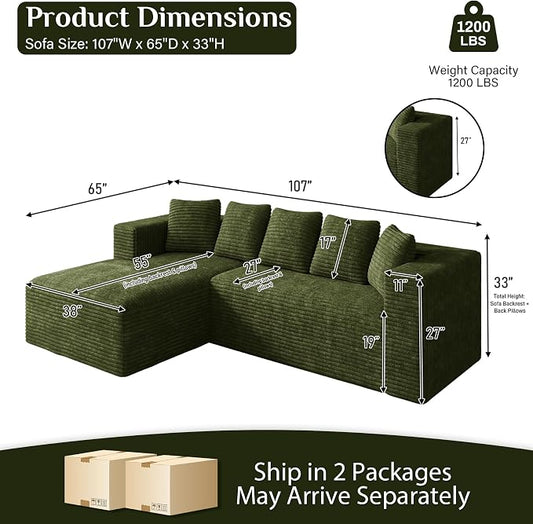 Oversized L Shaped Boneless Sectional Couches for Living Room, 107" Comfy Fluffy Cloud Modular Sectional Sofa, Plush Corduroy Memory Foam Floor Sofa with Left Facing Chaise Couch