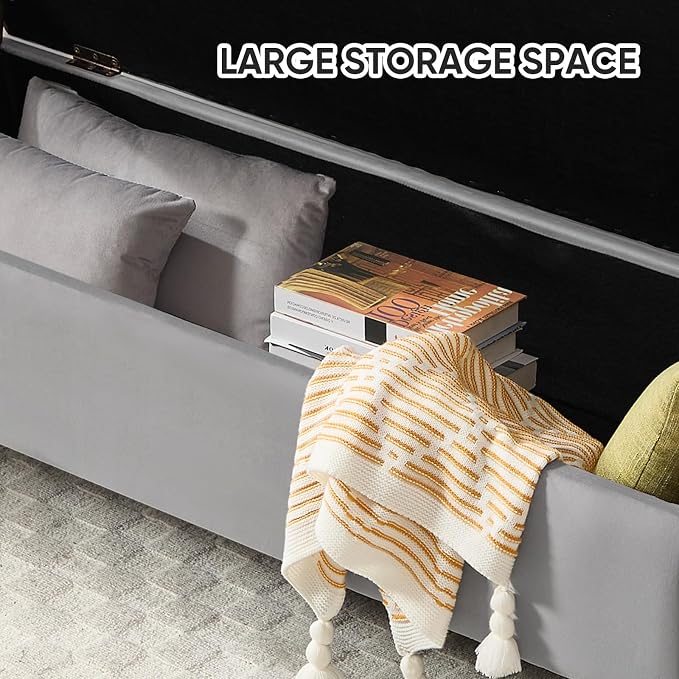 65" End of Bed Storage Bench, Storage Bench for Bedroom with Tufted Button Upholstered and Gold Legs, Ottoman Bedroom Benches with Armrests for Living Room Window, Light Grey