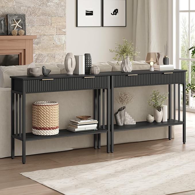 MAHANCRIS 39.4" Console Table with 2 Drawers, Narrow Long Entry Table with Storage Shelf, 2-Tier Fluted Entryway Table with 2 Drawers, for Entryway, Living Room, Foyer, Hallway, Office, Black CTHB5101
