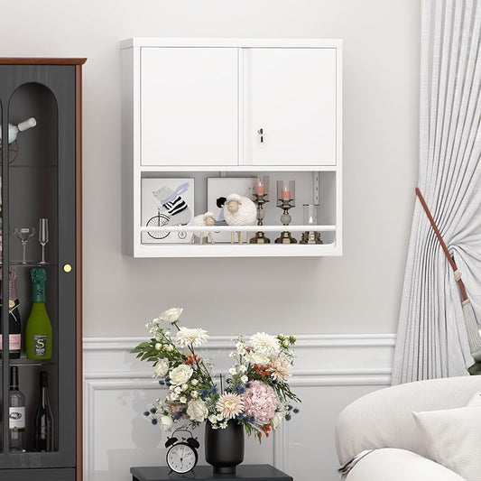 Metal Wall Cabinet, Steel Floating Hanging Storage Cabinet with Locking Doors and Adjustable Shelf for Garage, Basement, Kitchen, Warehouse Assembly Required, White
